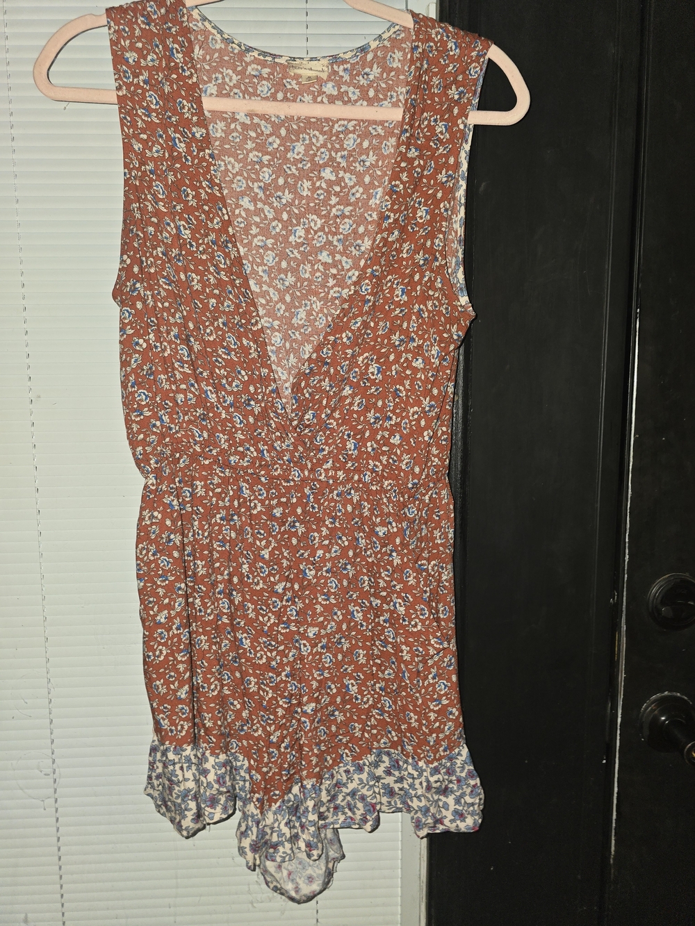 Hem & Thread Rust Floral V-Neck Romper with Blue Accents - Picture 3 of 3